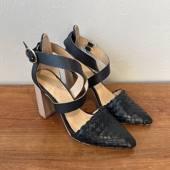 Bohme Zoey Black Heel Woven Boho 8.5 Pointed Strappy Leather Chunky Criss Cross - Picture 1 of 7